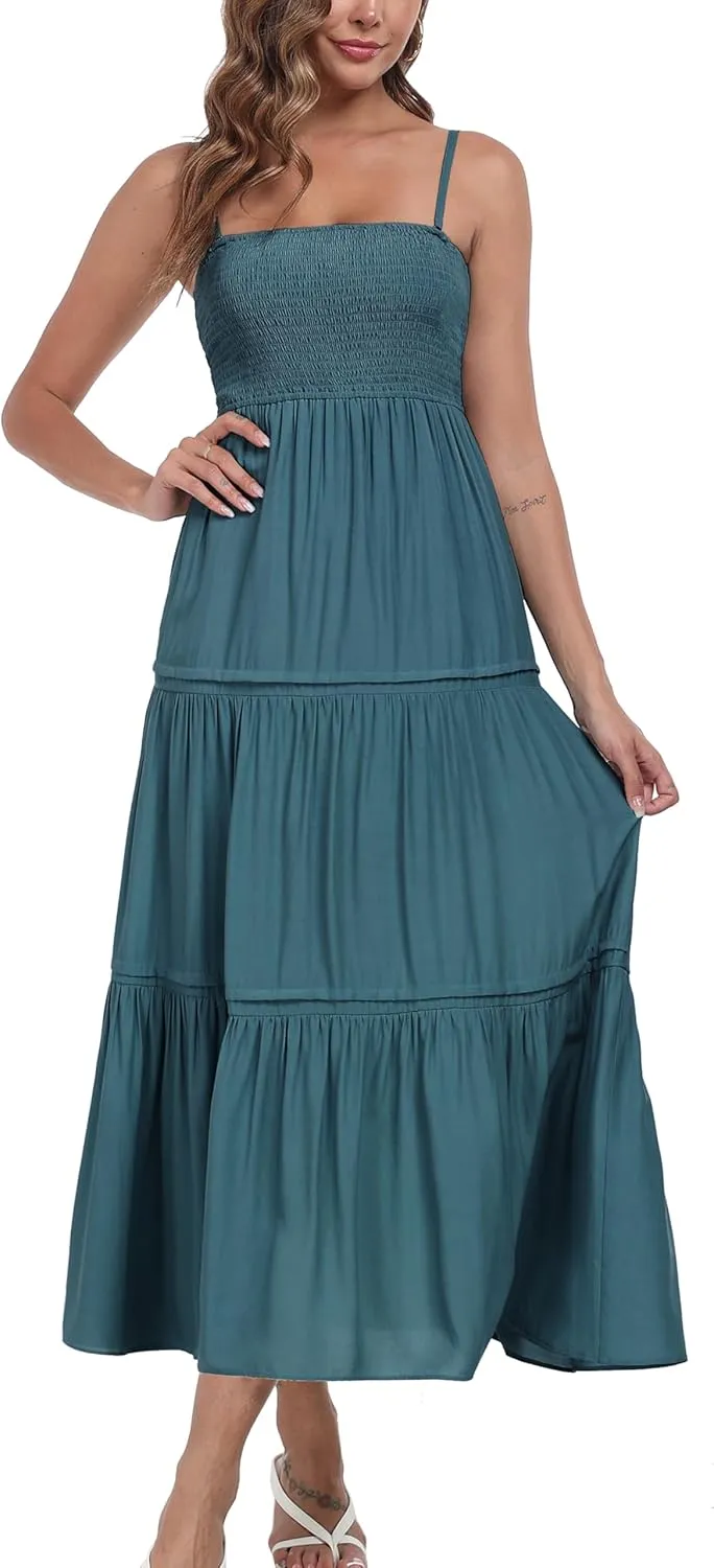 Women's Summer Maxi Dress Casual Boho Sleeveless Strapless Smocked Tiered Long Sun Dresses