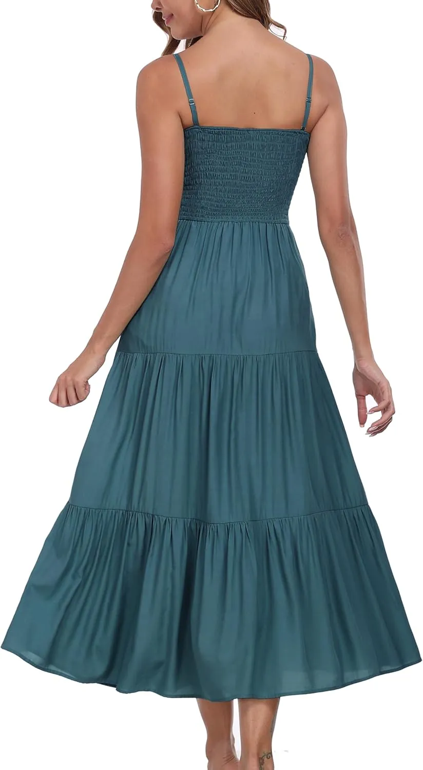 Women's Summer Maxi Dress Casual Boho Sleeveless Strapless Smocked Tiered Long Sun Dresses