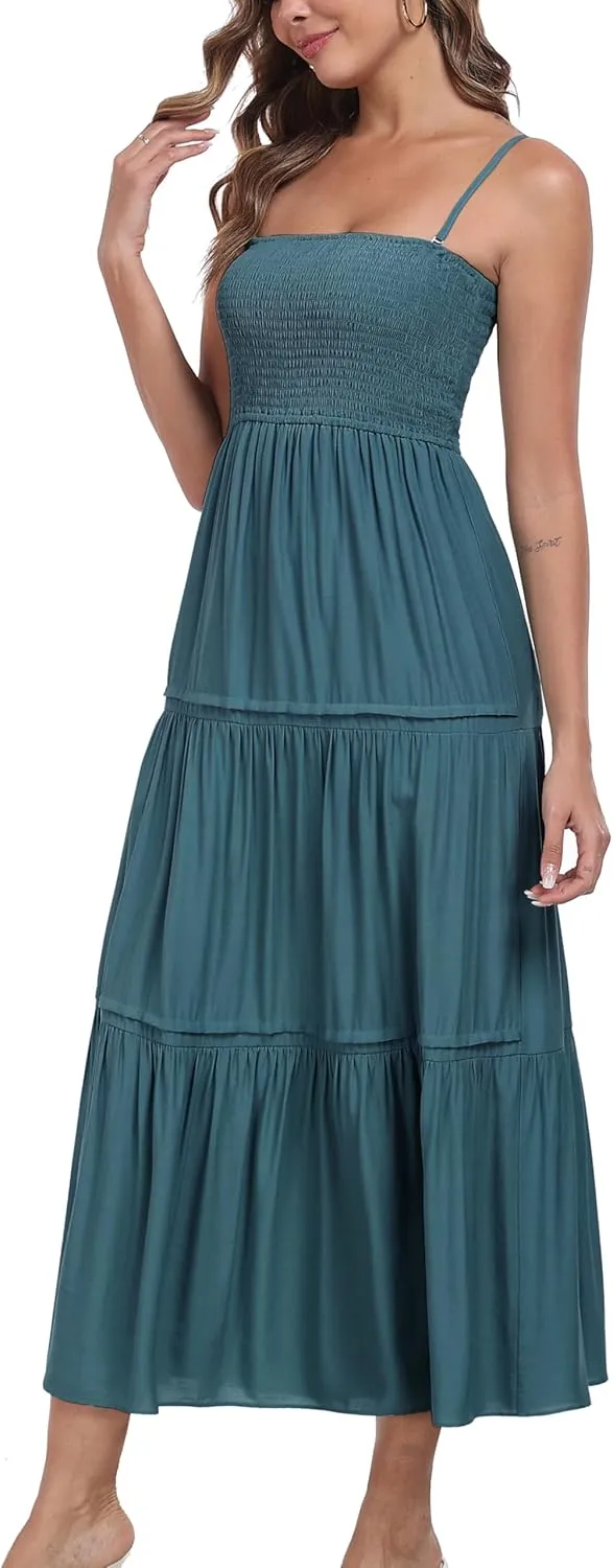 Women's Summer Maxi Dress Casual Boho Sleeveless Strapless Smocked Tiered Long Sun Dresses